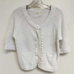 Hazel Women's Small Pale Gray Chunky Knit Snap Button Ribbon Trim Casual Sweater